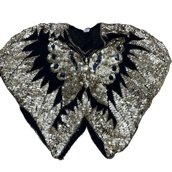 Vintage 100% Black Silk Gold Sequin Butterfly Top‎ Poncho Retro Disco Festival - Picture 1 of 4